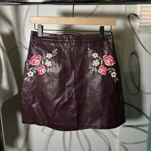 New Look Leather-like Skirt with Floral Appliqué, Dark Brown w/ Maroon Undertone